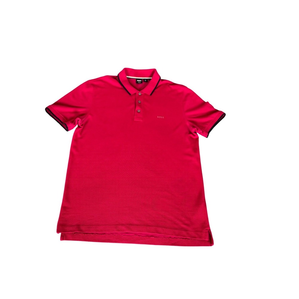 Hugo Boss Mens Short Sleeve Polo Shirt Pink Tipped Collar Logo Size Large